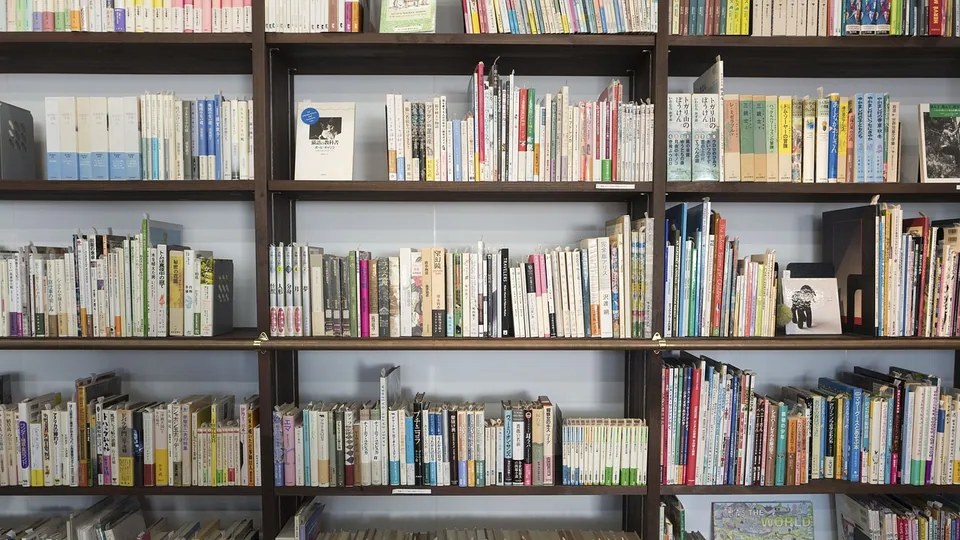 Rows of books on library shelves